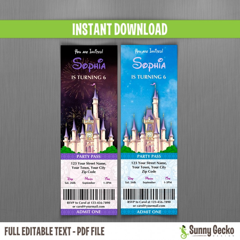 Magic Kingdom Birthday Ticket Invitations (No ears)